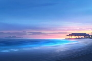 Fototapeta premium A serene beach scene at sunset, featuring gentle waves, a colorful sky, and a cozy beachfront structure.