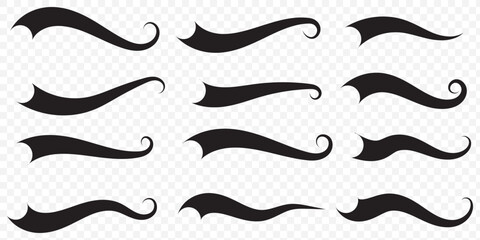 Swash and swoosh tails icon set. swirl, calligraphy, typography, brush, text, font, line, curly, stroke, underline, element, icons. Black solid icon collection. Vector illustration. EPS 10.