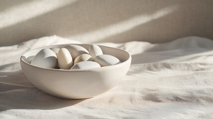 Bowl of smooth, light-colored stones bathed in natural light on a textured cloth surface, calm and minimalist.