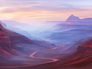 Fototapeten A serene landscape showcasing layered canyons and a winding river under a colorful sky at twilight. © Phawika