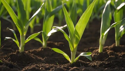 hand planting corn seed of marrow in the vegetable garden with sunshine,Young corn seedlings growing in the soil at sunlight. Close up.468