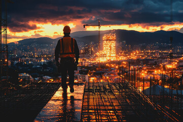 Fototapeta premium Construction worker walking on a construction site with tools and machinery in the background
