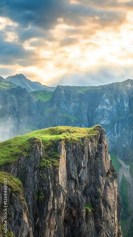 Poster a breathtaking view of steep cliffs topped with lush greenery, surrounded by mountains and illuminat