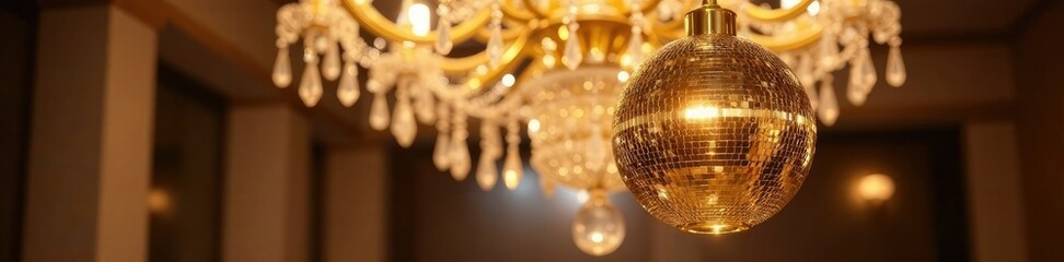 Obraz premium Shiny gold disco ball in crystal chandelier with mirrored accents, shiny, luxurious