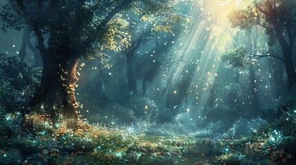 Obraz premium Enchanted Fantasy Forest Illustrations: Whimsical Woodlands with Glowing Mushrooms, Mystical Creatures, and Celestial Trees – Perfect for Storybook Art, Game Design, and Digital Painting Projects Embr