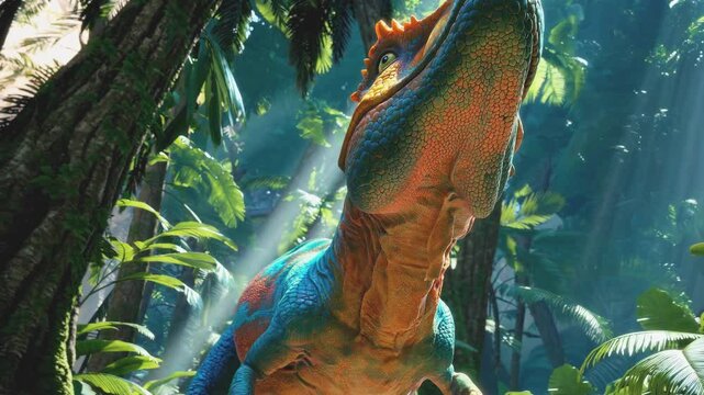 Sunlit jungle reveals deadly Allosaurus predator. Massive carnivore stands vigilant among towering palms and misty atmosphere. Static wide shot.