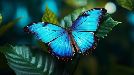 A vibrant blue morpho butterfly with shimmering iridescent wings, perched delicately on a green leaf