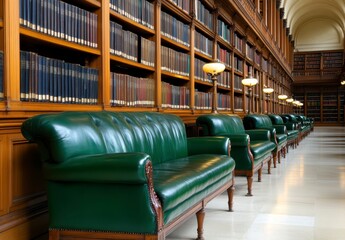 Obraz premium Dark green leather sofas line a long hall with tall wooden bookshelves filled with old books. Warm lighting creates soft shadows