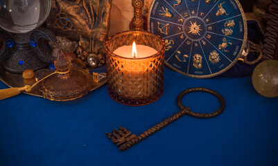 Illustration for esotericism and spirituality concept. Beautiful mystical stuff on a table. 