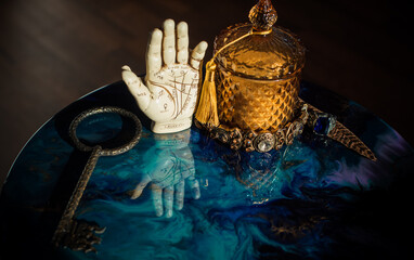 Illustration for esotericism and spirituality concept. Beautiful mystical stuff on a table. 
