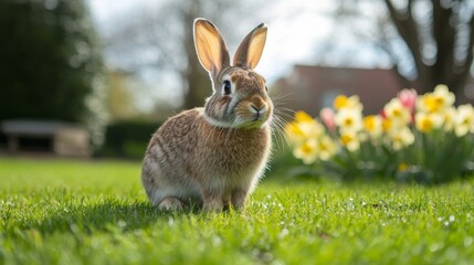 Fototapeta premium Bunny sits on green grass in spring garden among colorful flowers under bright sunlight