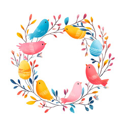 Fototapeta premium Colorful watercolor wreath featuring vibrant birds, branches, and decorated Easter eggs. Illustration in a hand-drawn style with a whimsical and festive touch