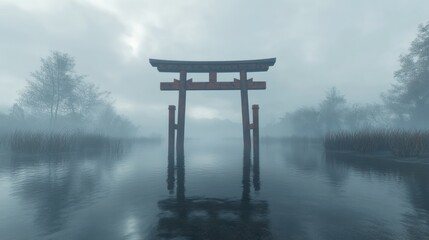 A traditional Japanese torii gate standing in calm water, foggy atmosphere