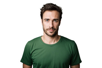 Obraz premium Portrait of a handsome man in casual green t-shirt, isolated on white background