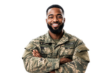 Portrait of a smiling military soldier in uniform, arms crossed, isolated on transparent background
