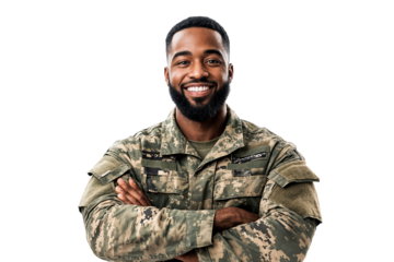 Portrait of a smiling military soldier in uniform, arms crossed, isolated on transparent background