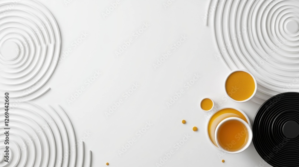 Poster a minimalist white background features concentric circles creating a rippled effect, interspersed wi