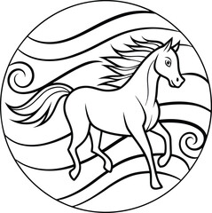 Majestic Horse Galloping Ocean Waves Circular Design Coloring Page