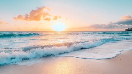 Serene Ocean Sunset Waves Crashing Gently On Sandy Beach