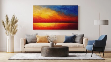 The delicate Landscape painting features a sunset illuminating a serene valley in the living room