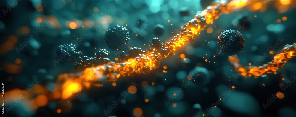 Poster an abstract depiction of glowing particles in a fluid environment, featuring vibrant orange and teal