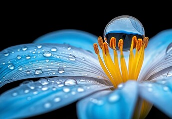 Close up view of a light blue flower with water droplets; a large droplet rests on a stamen; yellow pistil; dark background. Macro photography
