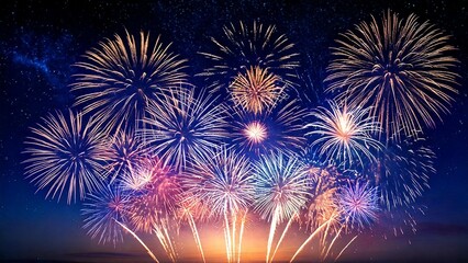 青い夜空に輝く綺麗で美しい打ち上げ花火のイメージ 背景素材 AI生成素材