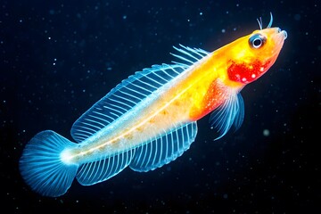 A rare deep-sea photo of a Bioluminescent Lanternfish, glowing against the dark abyss of the ocean.