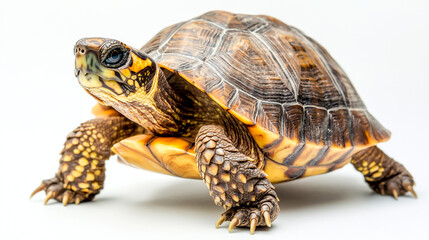 Close-up of an Oriental box turtle walking on its hind legs, isolated on a white background