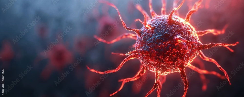 Poster a close-up view of a vibrant, stylized 3d model of a virus, showcasing its intricate structure and d