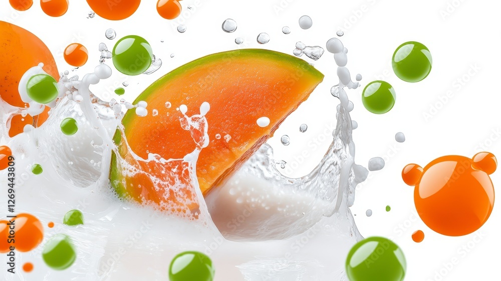 Poster a vibrant image showcasing a melon slice splashing into creamy liquid, surrounded by colorful sphere