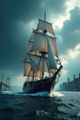 Fototapeta premium Tall ship on the River Clyde during stormy weather, Clyde, sailboat, nautical