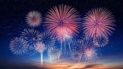 Fototapeta premium 青い夜空に輝く綺麗で美しい打ち上げ花火のイメージ 背景素材 AI生成素材