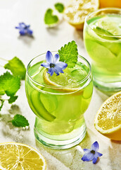 Orzeźwiający napój z limonką, cytryną i miętą na słonecznym stole © Blue Pixel