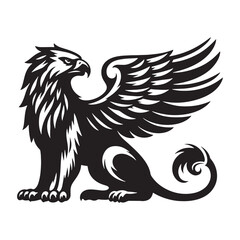 Griffin silhouette with mighty wings, dominating the horizon - Griffin illustration - Minimalist Griffin vector - Mythical creature silhouette
