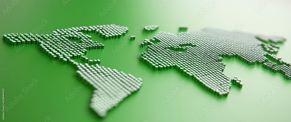 Poster abstract world map rendered in metallic gray cylinders on a light green background. the image uses a
