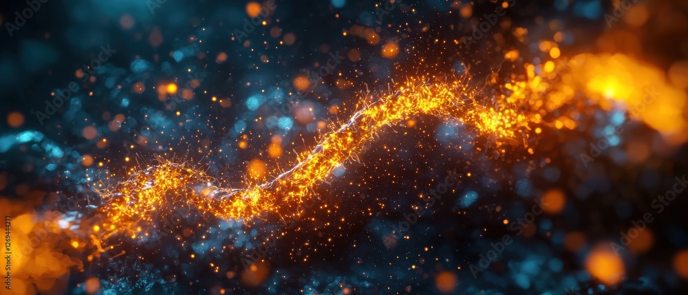 Poster a vibrant swirl of orange and blue particles, creating a dynamic, abstract representation of energy 