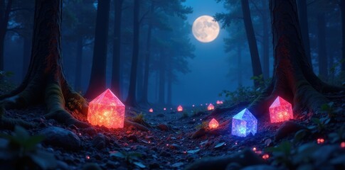 Fototapeta premium The forest floor is carpeted with glowing crystals under moonlight, radiant crystals, night scene