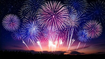 青い夜空に輝く綺麗で美しい打ち上げ花火のイメージ 背景素材 AI生成素材