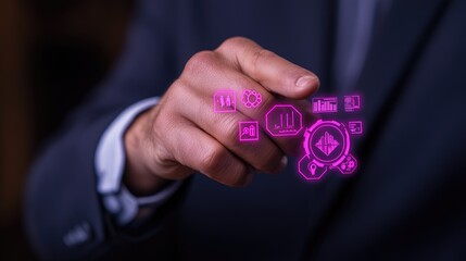 Futuristic Businessman Interacting with Virtual Data Interface in Augmented Reality Environment