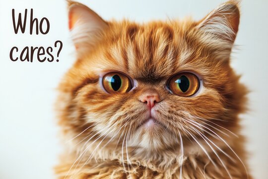 A grumpy orange cat with the text "Who cares?"—perfect for memes, humor, and sarcastic expressions of attitude.