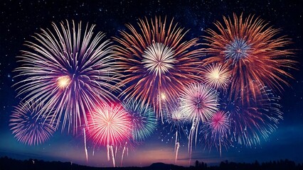 青い夜空に輝く綺麗で美しい打ち上げ花火のイメージ 背景素材 AI生成素材