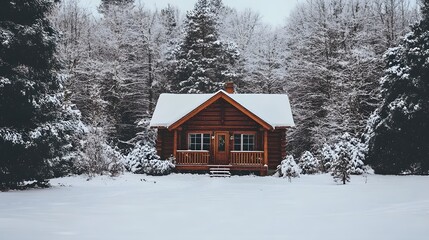 A Cozy Wooden Cabin Enveloped in a Blanket of Snow Surrounded by Evergreen Trees in a Winter Wonderland