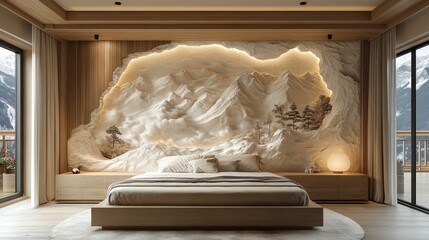 Boutique hotel suite with an intricately sculpted mountain landscape wall