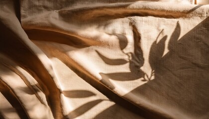 aesthetic natural floral sunlight shadows on crumpled linen textured fabric background in soft warm brown color trend of 2025 year