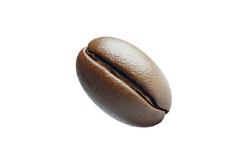 This image shows a macro shot of a single roasted coffee bean against a transparent background with tan elements.