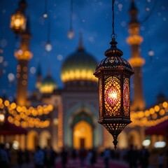 Obraz premium Ramadan Lantern Glow lights with mosque