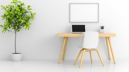 Minimalist home office workspace with a wooden desk, white chair, laptop, and potted plant against a white wall. Clean lines and bright lighting