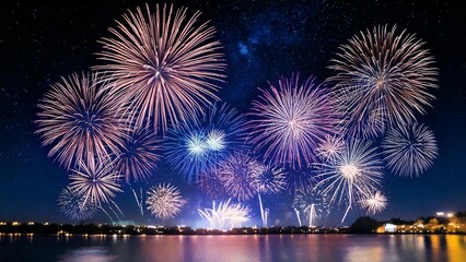 Fototapeta premium 青い夜空に輝く綺麗で美しい打ち上げ花火のイメージ 背景素材 AI生成素材
