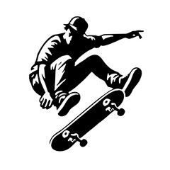 a black silhouette icon of a skateboarder jumping mid-air isolated on white © lacrimoza